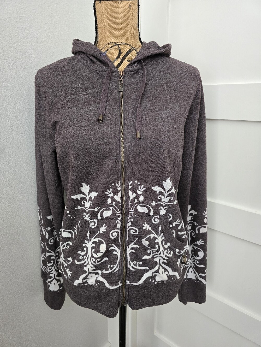 Prana Heather Brown and Off-White Full Zip Hoodie Size Large VGUC